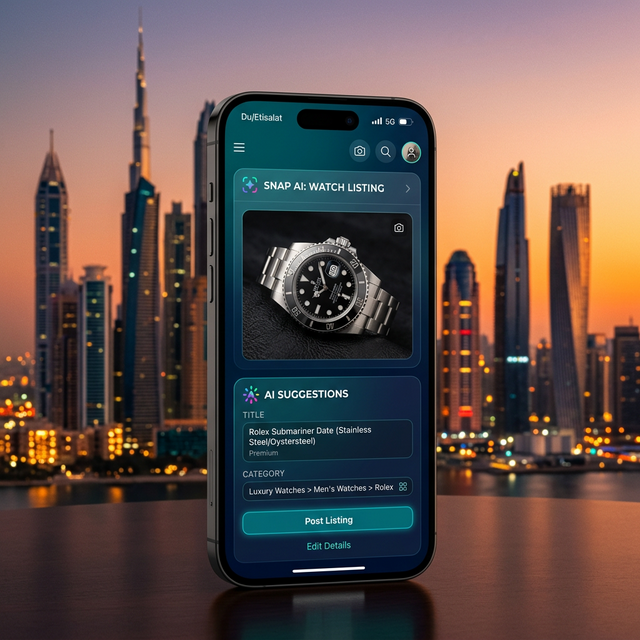 A Waqov listing created by Snap AI on a phone, with the Dubai skyline at dusk