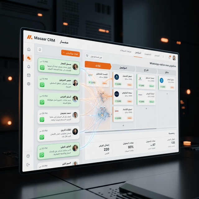 Masaar CRM sales pipeline with Arabic WhatsApp conversations